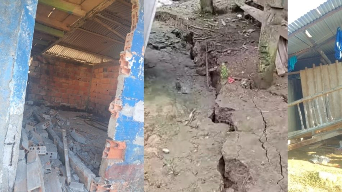 Tres imágenes de San José del Palmar, Chocó: casa de ladrillo, fisura en el terreno y vivienda de madera inclinada.
